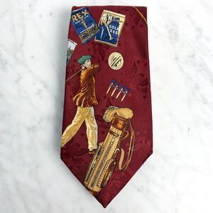 Robert Talbott Golf Silk Neck Tie Vintage Golfer Bag Club Ball Tees Maroon Brown